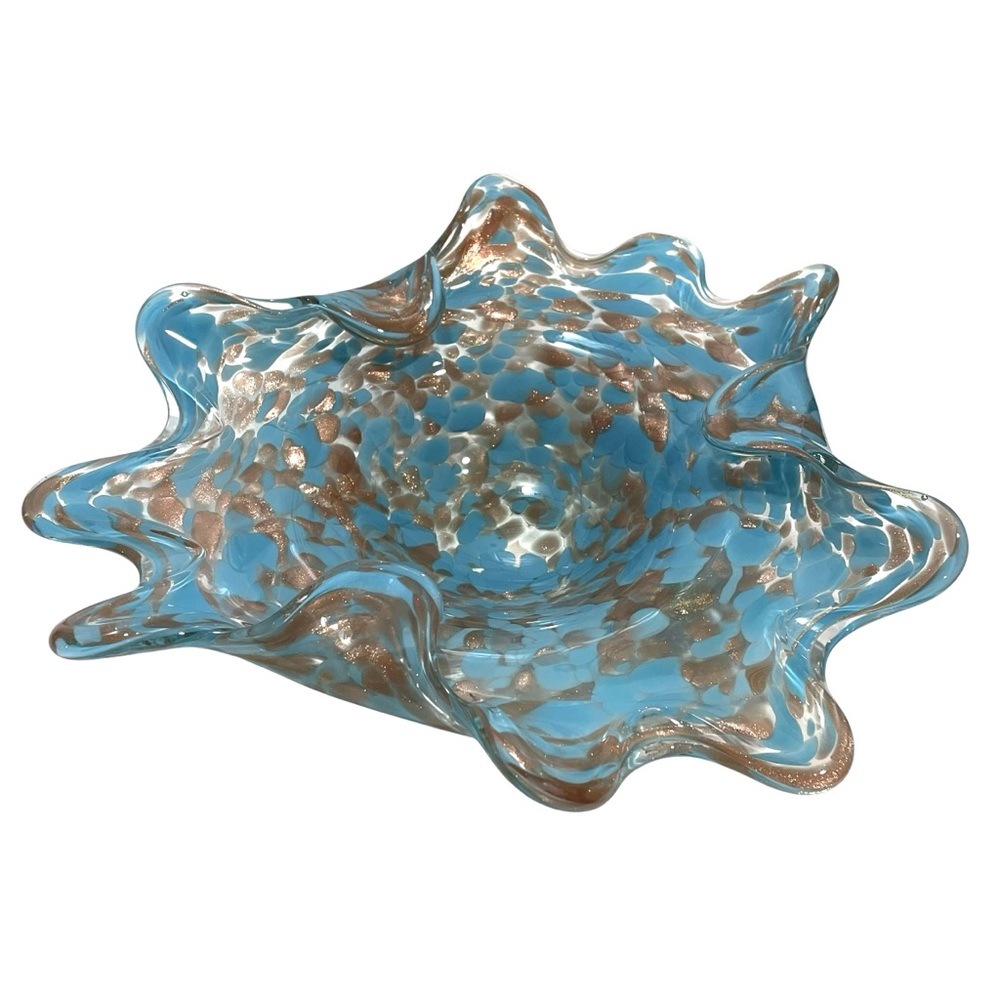 Vintage 1970s Murano Art Glass Decorative Bowl Stretch Fingers Blue Copper Clear